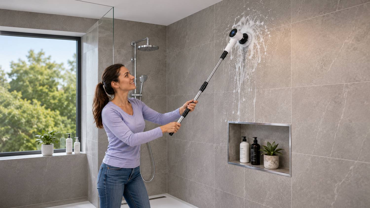 Femme nettoyant le mur carrelé de la douche en hauteur avec le manche télescopique Rotactiv