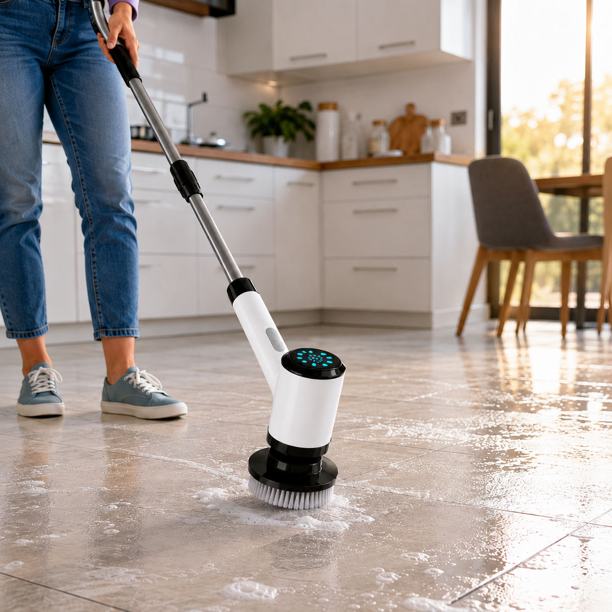 Nettoyage du carrelage de cuisine avec la brosse rotative électrique Rotactiv et son manche télescopique