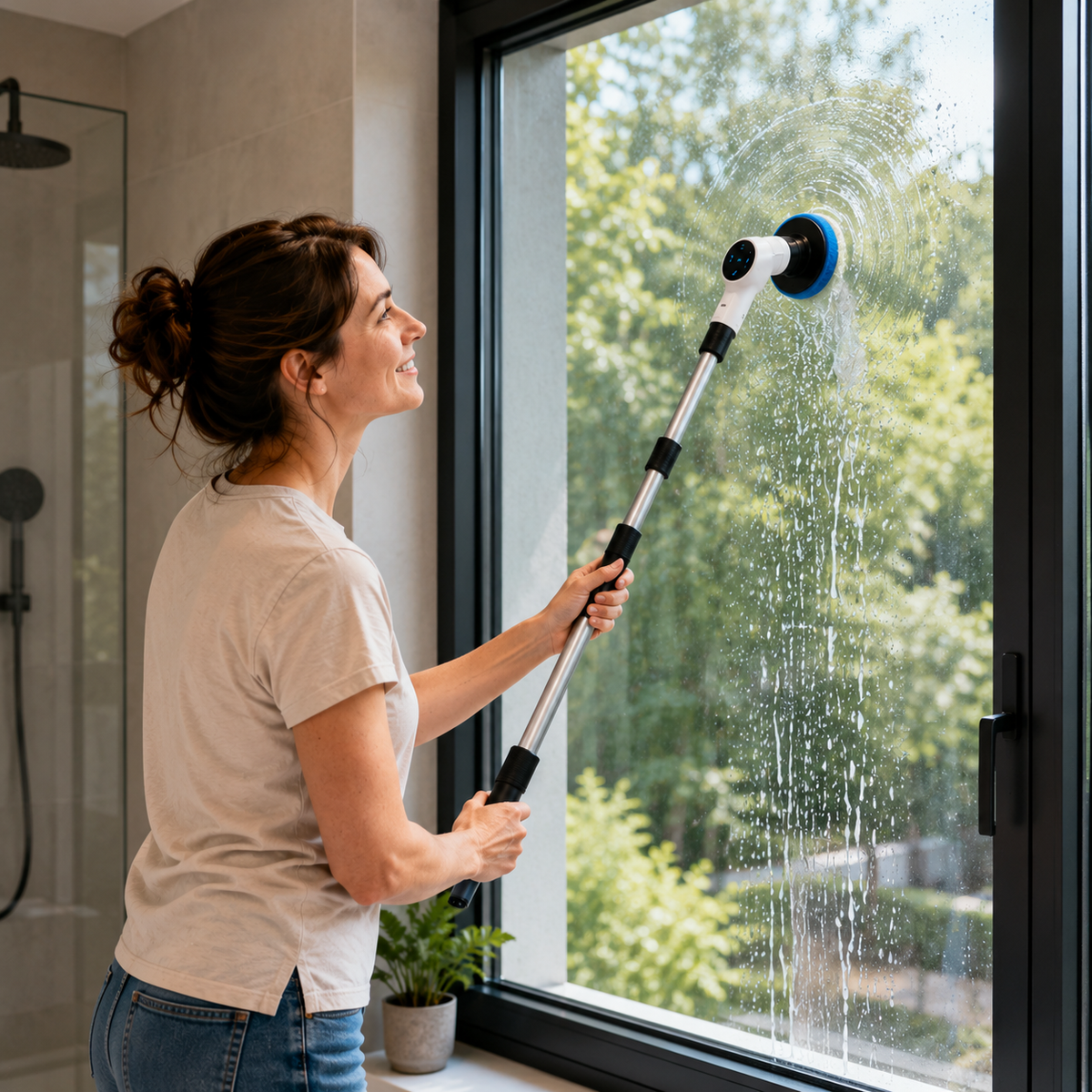 Femme nettoyant une vitre avec la brosse rotative Rotactiv et son manche télescopique