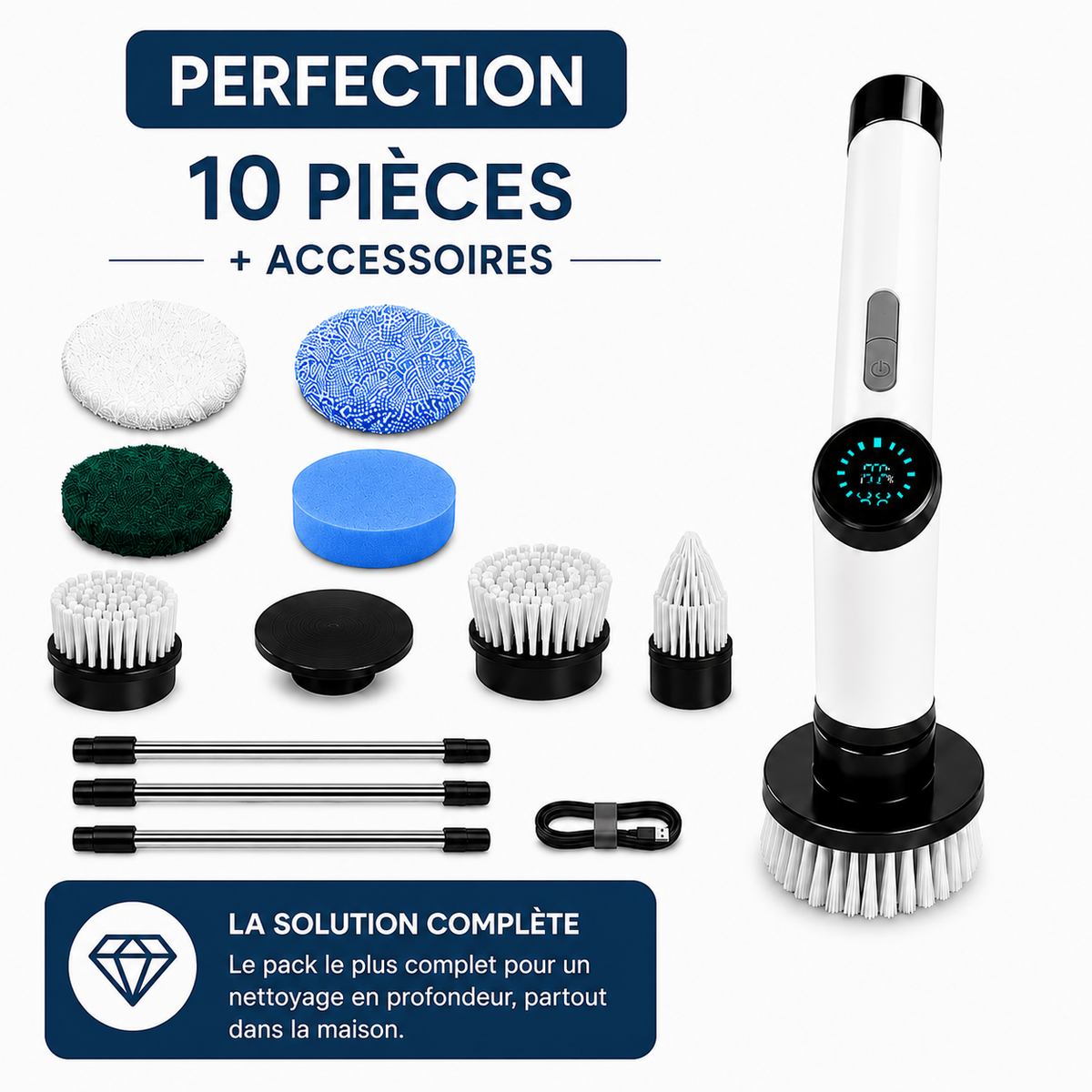 Kit Rotactiv Perfection 10 pièces + accessoires : brosse rotative électrique et manches télescopiques