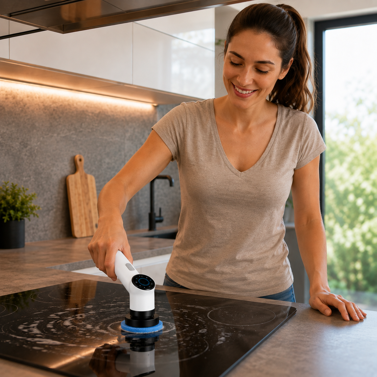 Femme nettoyant une plaque de cuisson avec la brosse électrique rotative Rotactiv