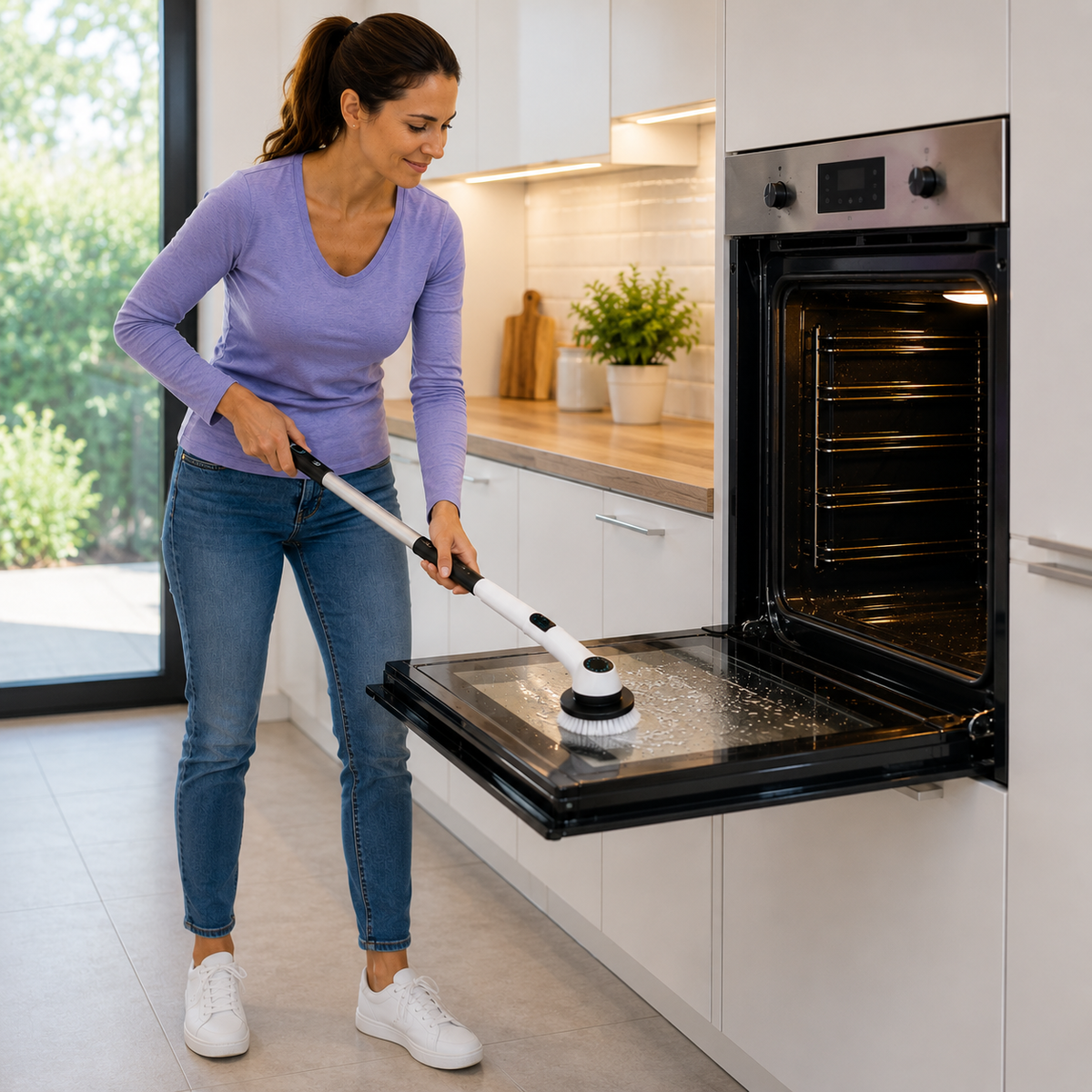 Femme nettoyant la porte d'un four avec la brosse rotative électrique Rotactiv