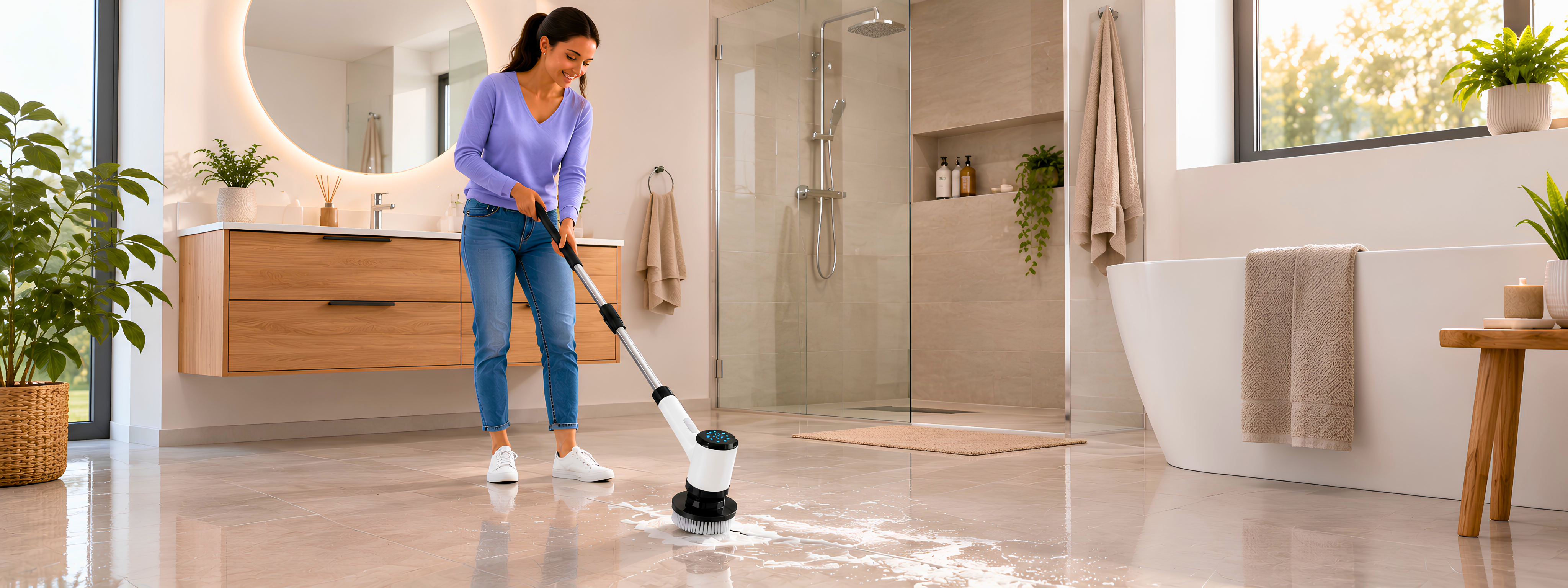 Femme nettoyant le sol de la salle de bain avec la brosse rotative électrique Rotactiv
