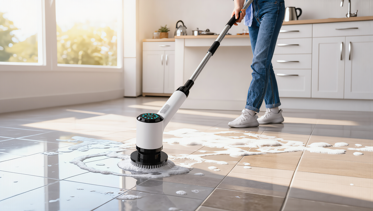 Nettoyage du carrelage de cuisine avec la brosse rotative électrique Rotactiv et manche télescopique